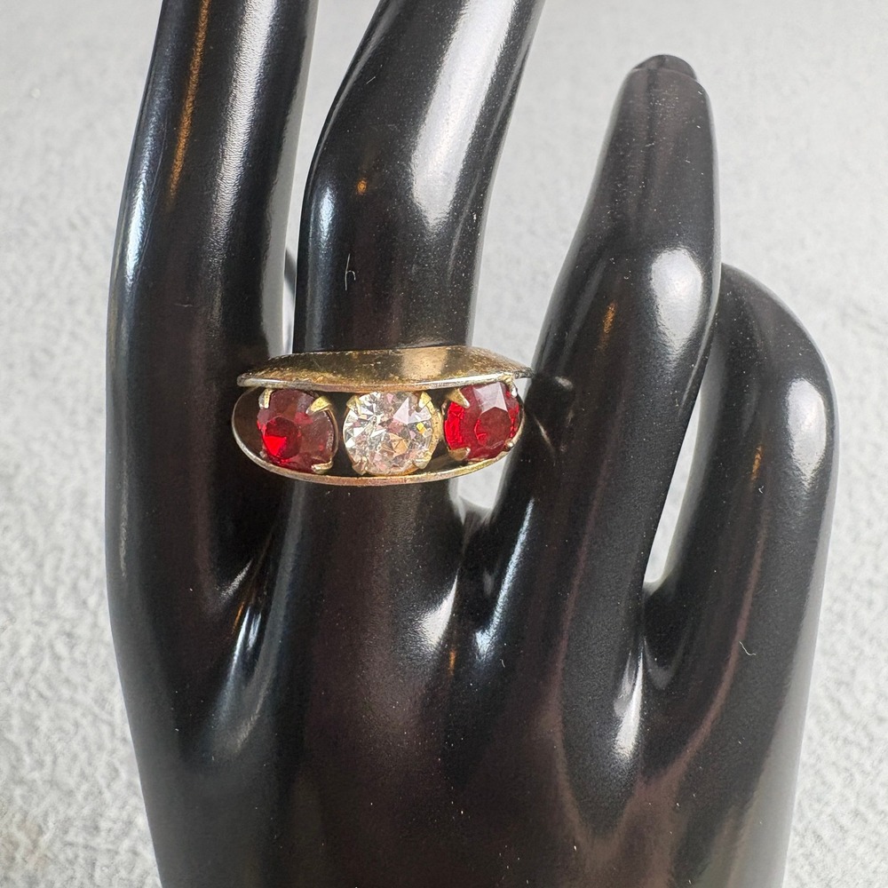 Vintage Gold Tone Split Band Dome Ring Ruby Red Clear Crystal Size 7.25